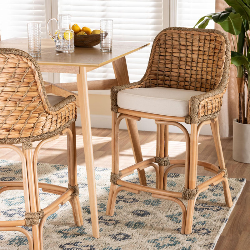 Bayou Breeze Kyle Modern Bohemian Woven Rattan Counter Stool with Cushion & Reviews | Wayfair
